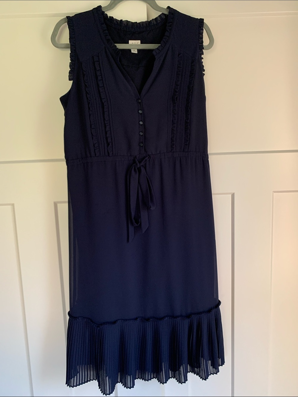 {a new day} Sleeveless Navy Ruffle-Trim Tie-Waist Dress